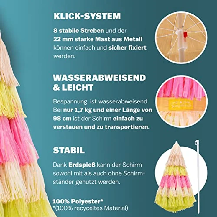 Kingsleeve 'Hawaii' Sonnenschirm, neigbar, UV Schutz 30+, Metall / Polyester bunt, Ø 160 – Bild 5