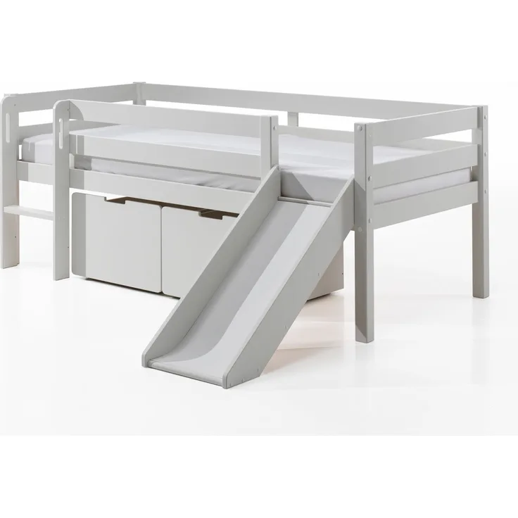 Vipack Kojen-Spielbett mit Liegefläche 90x200 cm, inkl. Leiter, Regal, Rutsche, Rolllattenrost und 2 Schubkästen, Kiefer und MDF weiß lackiert