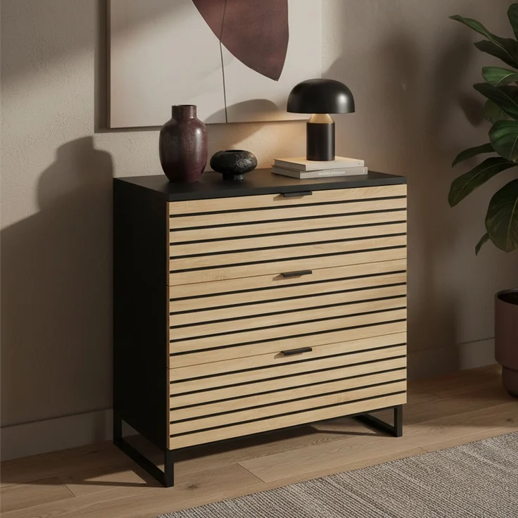 Bellamio 'Luvua' Kommode, schwarz/Eichenoptik, mit Metallfüßen, 80x40x80 cm, Schrank mit 3 Schubladen – Bild 2