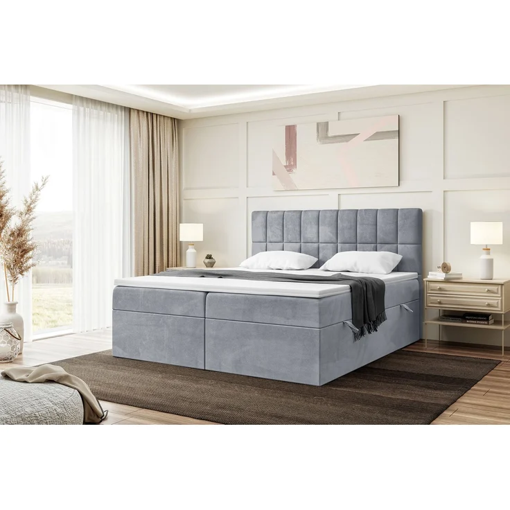MEBLINI Boxspringbett LUKAS 140x200cm - H3/Grau Samt - mit Bettkasten - Polsterbett - Doppelbett mit Topper & Taschenfederkern-Matratze – Bild 1