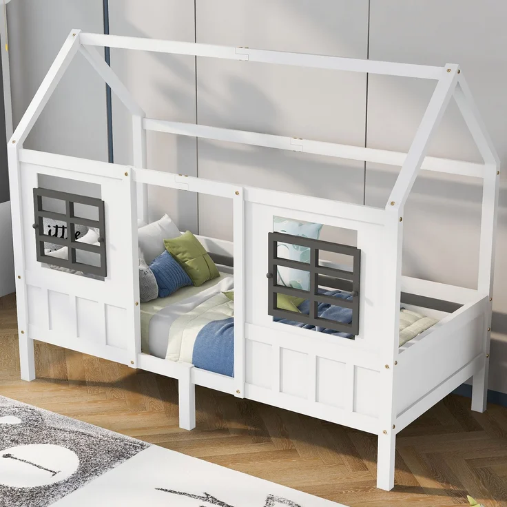 U-life Hausbett 90x200 cm, Einzelbett und Kinderbett, mit 2 Fenstern und Sicherheitsgeländer, Kiefernholz, Weiß – Bild 4