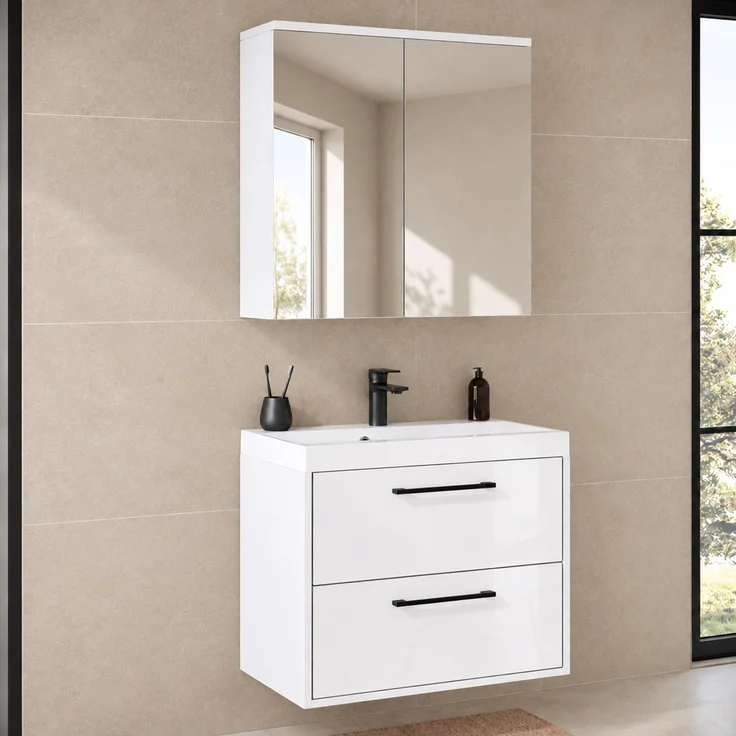 Badmöbel Komplettset Florence 60 x 35 cm Weiß Hochglanz - Badezimmermöbel mit Waschbecken und Spiegelschrank – Bild 2