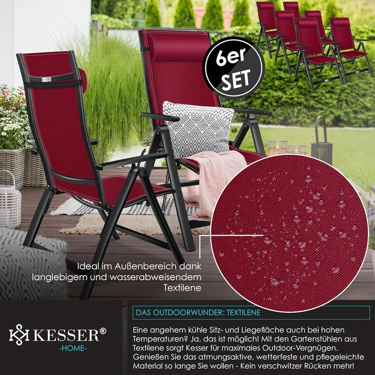 KESSER® Gartenstuhl Hochlehner mit Armlehnen | Aluminium Klappstuhl inkl. Kopfkissen Campingstuhl 7-Fach Verstellbar Rückenlehne | Atmungsaktiv & Wetterfest | Klappbar & Anti-Rutsch 6 Stück, Bordeaux Rot – Bild 5