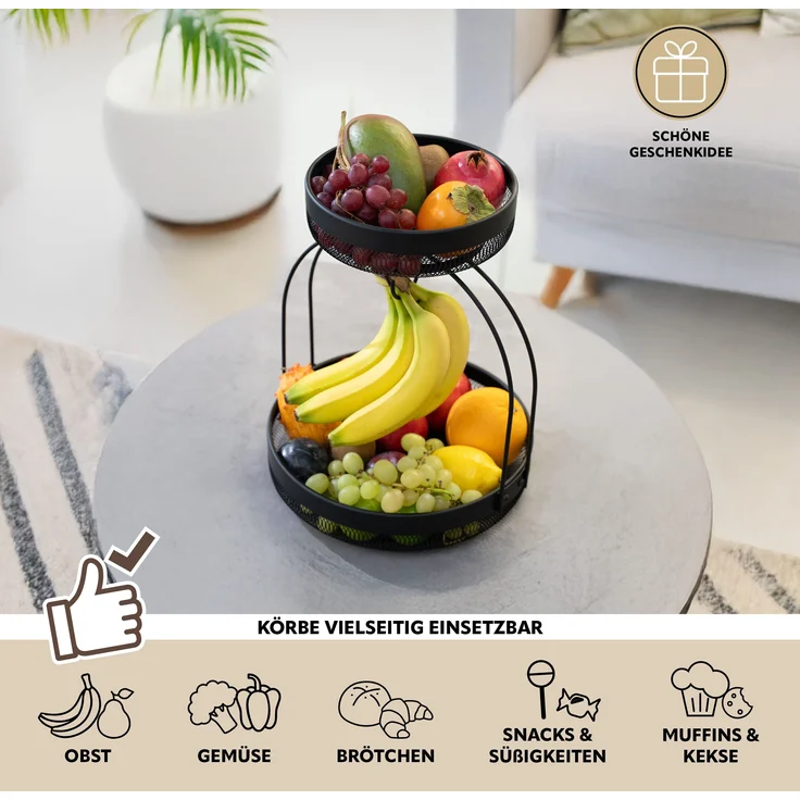 eluno Obstschale 2-stöckige Etagere, Metall, (1-tlg), mit Bananenhalterung – Bild 4