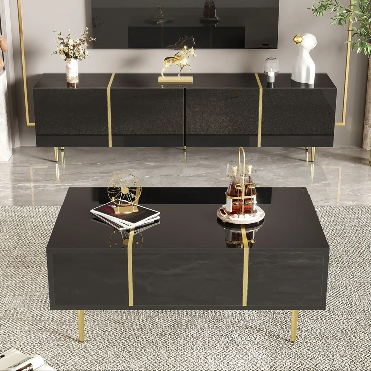 JARDJ Moderner Hochglanz-Schwarz TV-Schrank und Couchtisch Set – Bild 7