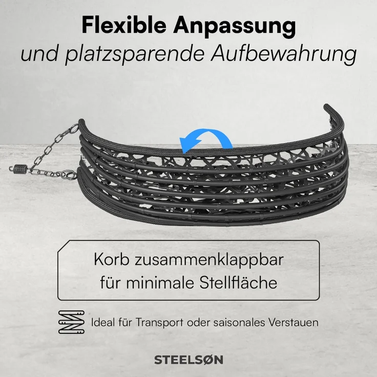 STEELSØN 'Sarin' Hängesessel mit Metallgestell, höhenverstellbar und faltbar, wetterfest, Polyrattan, dunkelgrau/schwarz, bis 150 kg belastbar, inkl. Kissen – Bild 5