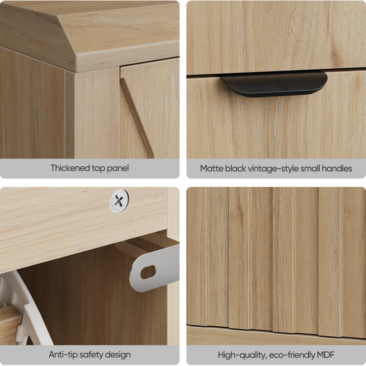 Schuhschrank aus MDF und Massivholz mit 2 Klappfächern, Eichenoptik und geometrischer Front,H 95 x T 80 x B 24 cm – Bild 8