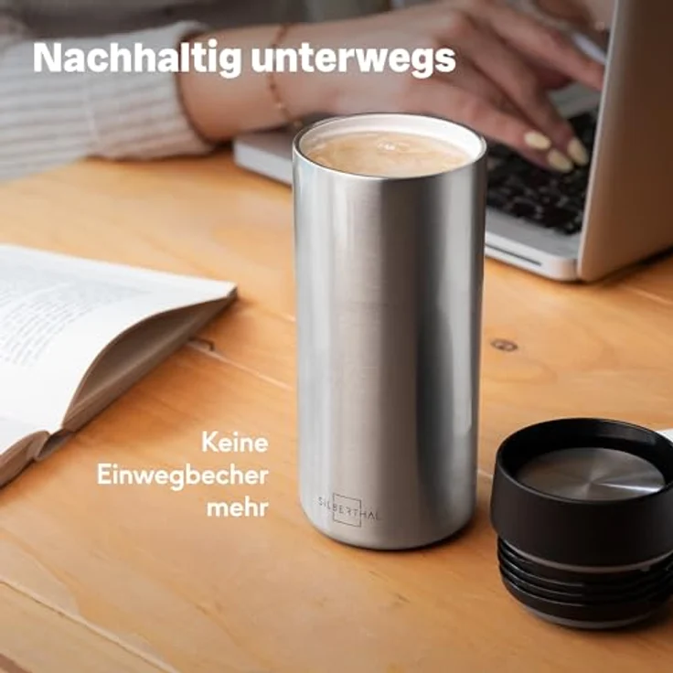 SILBERTHAL Thermobecher 350ml Edelstahl - Auslaufsicherer Kaffeebecher to go mit Keramik - Coffee Cup in Silber - Bis zu 6h warm – Bild 5