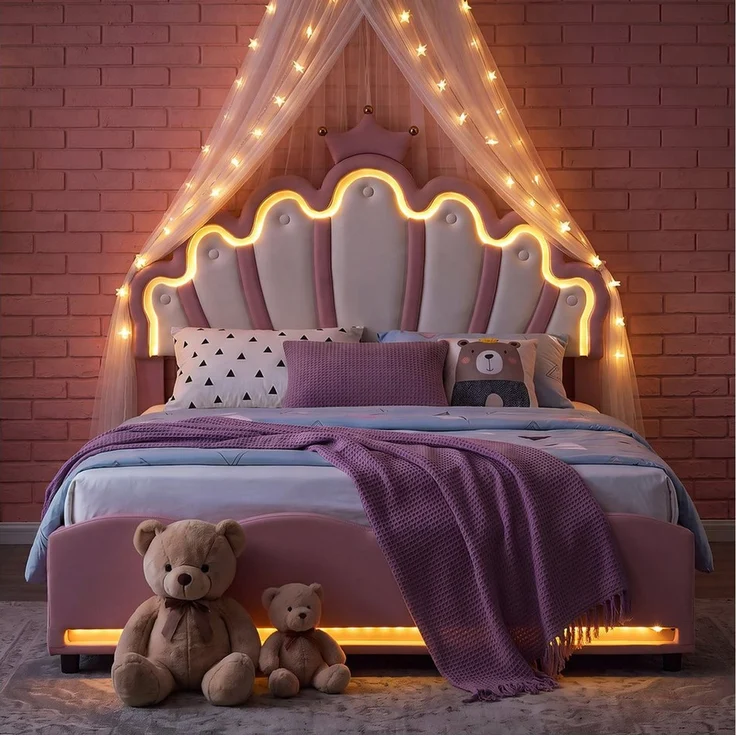 oyajia Polsterbett LED Kinderbett mit krone-Form Prinzessinnenbett (PU-Leder material Polsterbett mit Lattenrost und verstellbares gepolstertes Kopfteil), Modernes Jugendbett, Leises Design, Einfach zu montieren und stabil – Bild 4