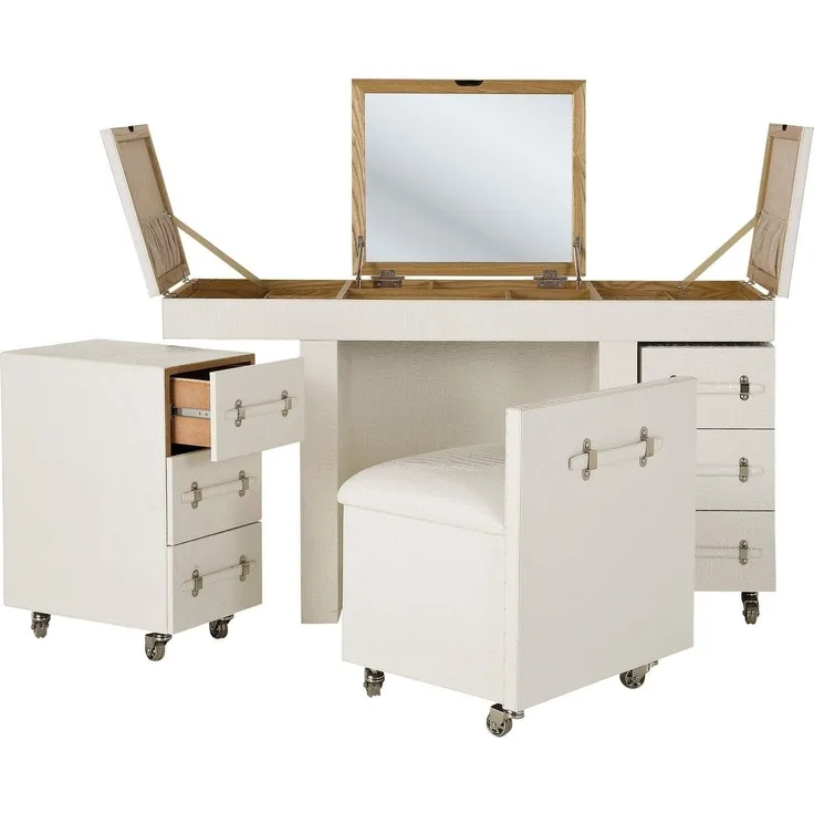 Kare Design Schreibtisch Diva Croco, Weiß, Schminkkombination, Kroko-Optik, 4-teilig, Elegant, Kosmetik, Schmuckaufbewahrung, ausklappbarer Spiegel, Beauty, Schlafzimmer, 80 x 138 x 51 cm (H/B/T)