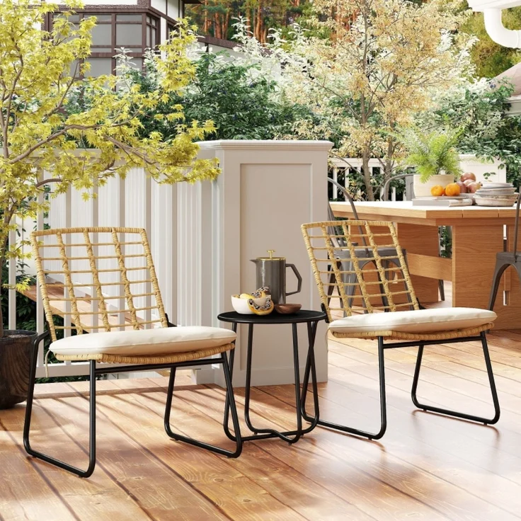 Flieks Gartenmöbel Set 3-tlg mit 2 stapelbar Stühle, Beistelltisch & Kissen, wetterfeste Rattan Lounge, Balkonmöbel Set für 2 Personen, Braun – Bild 2