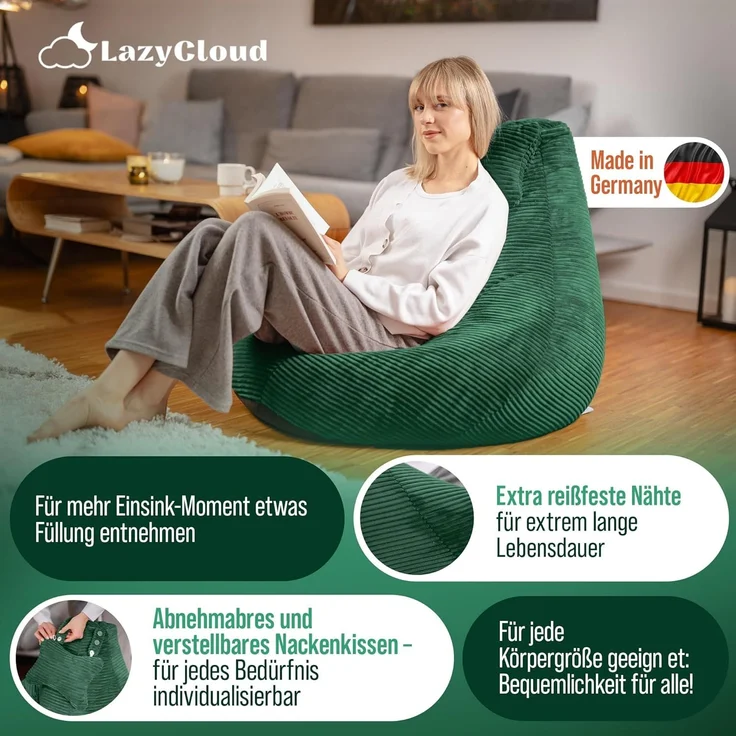 LazyCloud Sitzsack für Erwachsene mit integrierter [Nackenstütze] Cord | XXL Indoor Bean Bag mit Füllung | perfekt als Chill-, Lese- oder Gaming Sessel (90 x 80 x 70 cm) (Dunkelgrün) – Bild 6