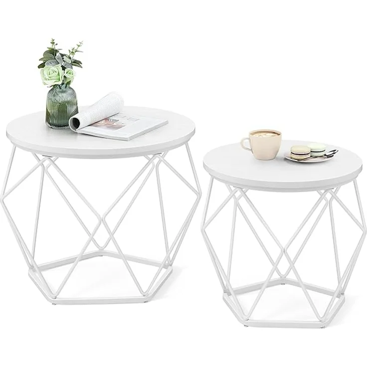 Vasagle Couchtisch rund 2er Set, abnehmbare Tischplatte, Holzspanplatte / Stahl schneeweiß-wolkenweiß – Bild 1