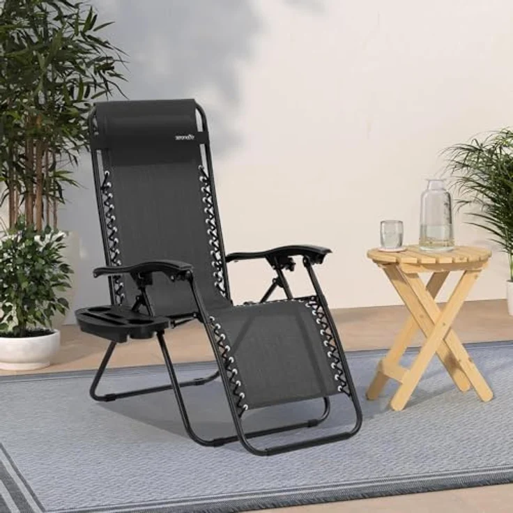 SereneLife Liegestuhl, Gartenliege Klappbar, Strandliege Verstellbar mit Seitentisch, Kopfkissen & Getränkehalter, Sonnenstuhl für Balkon, Garten, Terrasse & Camping, Deckchair 2 Personen Schwarz – Bild 3