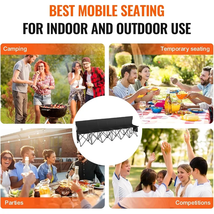 VEVOR Campingstuhl für 6 Personen, Klappstuhl mit 600D Oxford-Gewebe Sitz, Tragetasche & Rückenlehne, Faltbarer Angelstuhl, Faltstuhl für Camping, 2390 x 440 x 835 mm Sport-Nebenbank Schwarz – Bild 8