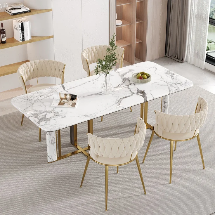 Esszimmerstuhl Samtstoff 2-teiliges Set, mit ergonomischer Rückenlehne, Hohlbünst-Design, gepolstert, Metallbeine goldfarben – Bild 2