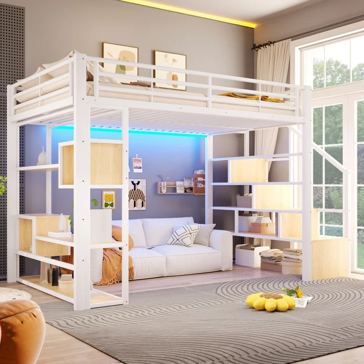 EINHOM Hochbett, 140 x 200 cm, Eisenrahmen, Ablagefach, Integrierte Stufen, Schutzgeländer, Leiter, mit LED-Lichtleiste, Offener Stauraum unter dem Bett, Matratze Nicht im Lieferumfang Enthalten, Weiß (Ohne Matratze) – Bild 3