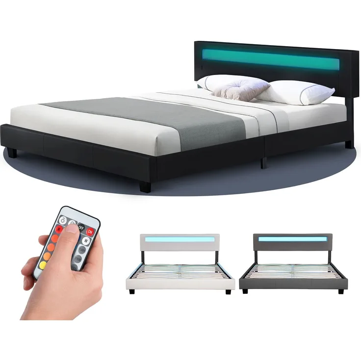 Juskys 'Paris' Polsterbett mit LED-Beleuchtung und Lattenrost, Kunstleder, Schwarz, 160x200 cm, ohne Matratze