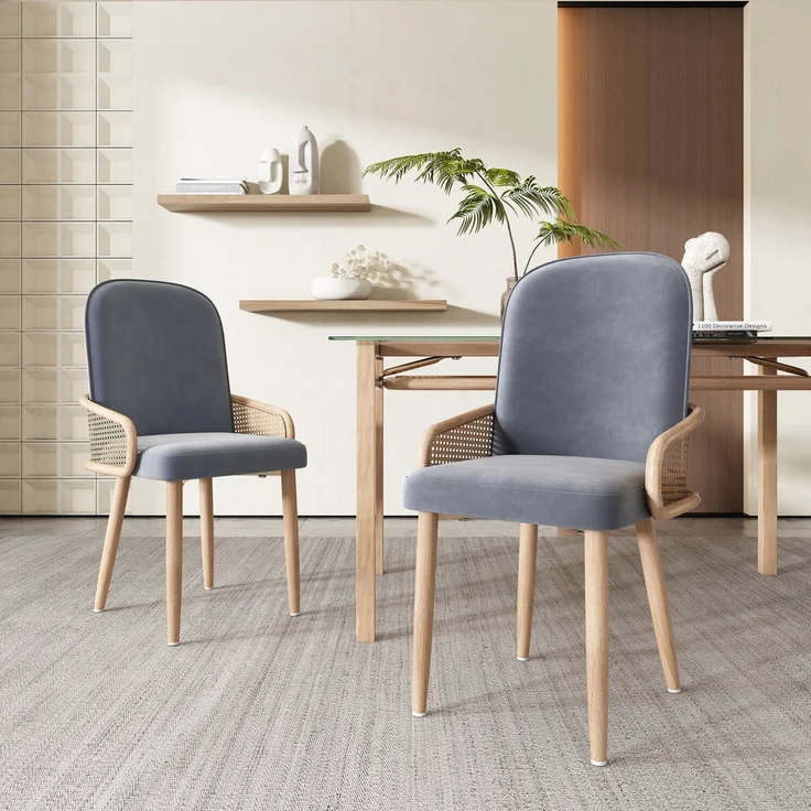 Merax Esszimmerstuhl aus Samt, 2er-Set, Rattan-Design, Wohnzimmer, Schlafzimmer, Mit vier Metallbeinen (Holzmaserungseffekt), Grau – Bild 2