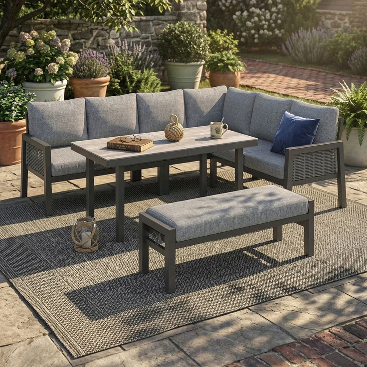 Merax Gartenlounge-Set, Gartenmöbel-Set 7 Sitzer, Gartensofa Eckstellung, mit Esstische, Bänke und Sofas, grau – Bild 2