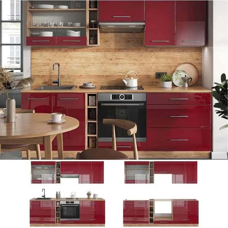Küchenzeile Fame-Line Bordeaux Hochglanz/Goldkraft Eiche 235 cm ohne Arbeitsplatte Vicco – Bild 6
