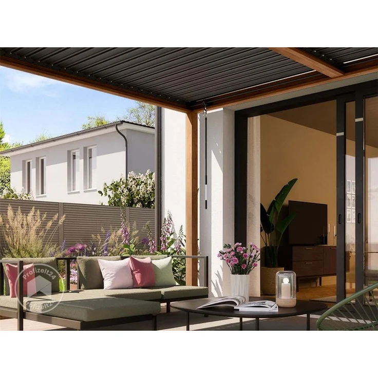 PRIMEYARD Pergola 4x4 m Aluminium-Pfosten mit Lamellendach aus Stahl holzfarbene Terrassenüberdachung – Bild 4