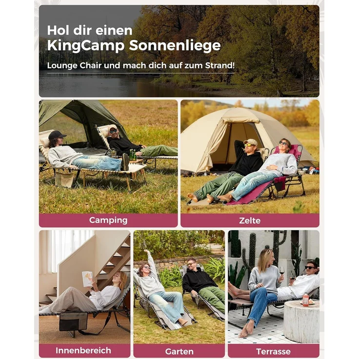 KingCamp Campingliege Sonnenliege Gartenliege klappbar 5-Stufig Verstellbarer Rückenlehne Liege Gartenstuhl Strandliege Camping Klappbett mit Kopfkissen für Garten Urlaub Outdoor Strand Pool – Bild 8