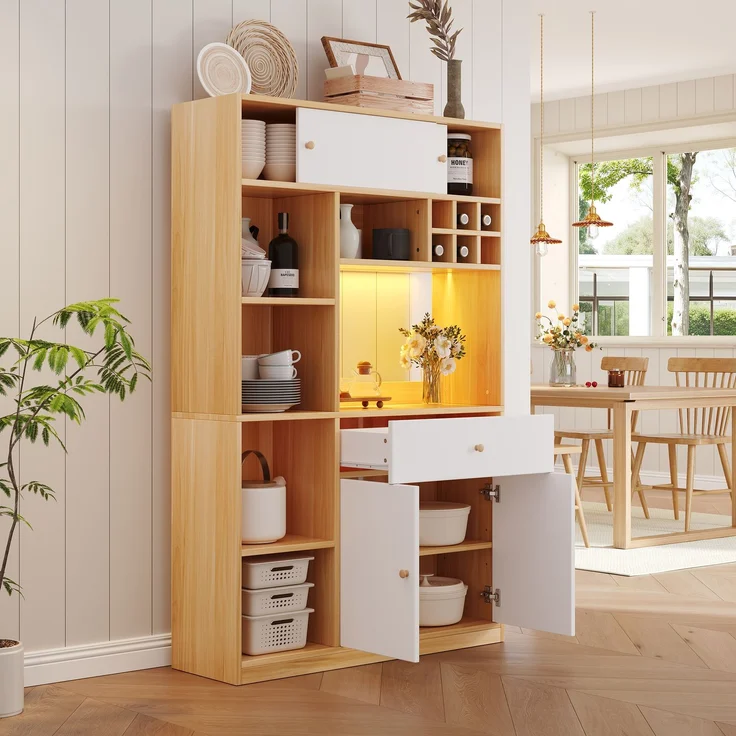 ZUBALIYA Buffetschrank 115x35x180 cm, mit LED-Beleuchtung, aus Spanplatte, Weiß / Natur – Bild 3
