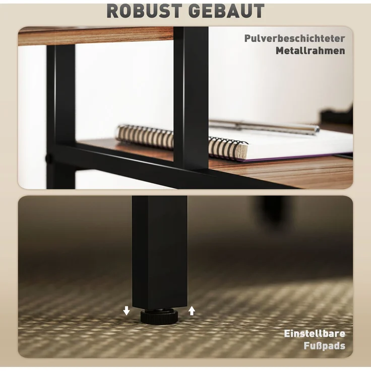 Computertisch mit Monitorständer, Schreibtisch mit 4-stufigem Regal, Industrielles Design, Braun--Braun--125x48x150cm--YOUDENOVA – Bild 9