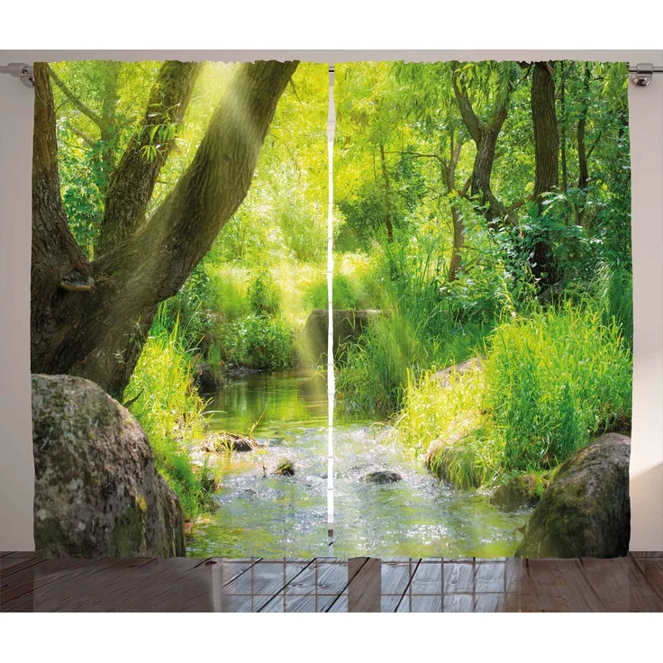 Abakuhaus Gardine Schlafzimmer Kräuselband Vorhang mit Schlaufen und Haken, Wald Stream Cascade Tropical