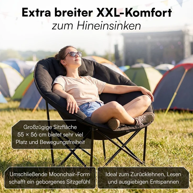 STEELSØN 'Hoggar' Moonchair faltbar, gepolsterter Campingstuhl schwarz, bis 150 kg, mit Kopfkissen und Tragetasche – Bild 7