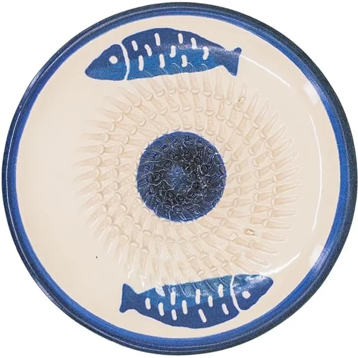Kaladia Multireibe Reibeteller in Weiß mit Fischen - zum Zerkleinern von Zutaten, Keramik, handbemalte Küchenreibe aus Keramik - Made in Spain