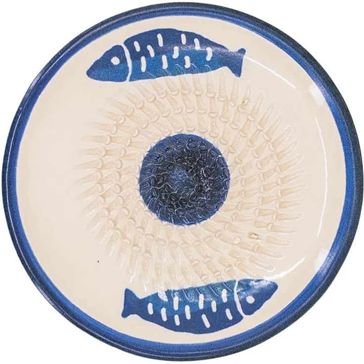 Kaladia Multireibe Reibeteller in Weiß mit Fischen - zum Zerkleinern von Zutaten, Keramik, handbemalte Küchenreibe aus Keramik - Made in Spain – Bild 1