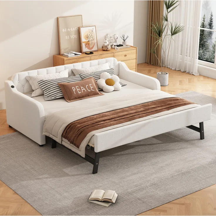 Schlafsofa mit Bettfunktion, Gästebett und USB Anschlüssen, 90x200cm/180x200cm, Liegefläche erweiterbar, Polsterbett, Jugendbett, Leinen