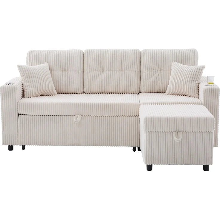 LVHOM Schlafsofa mit LED & USB, Ecksofa mit Ablagefächern, Schublade und Becherhaltern, Schlafcouch aus Cordstoff, frei Kombination, 196x144x85 cm – Bild 2