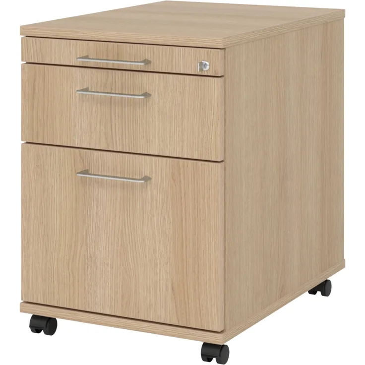 bümö Rollcontainer mit Hängeregistratur, Container abschließbar aus Holz in Eiche - Rollwagen für's Büro mit Hängeregister als Schreibtisch Unterschrank od. Bürocontainer m. Bügelgriffe, AC20-E-E-BS