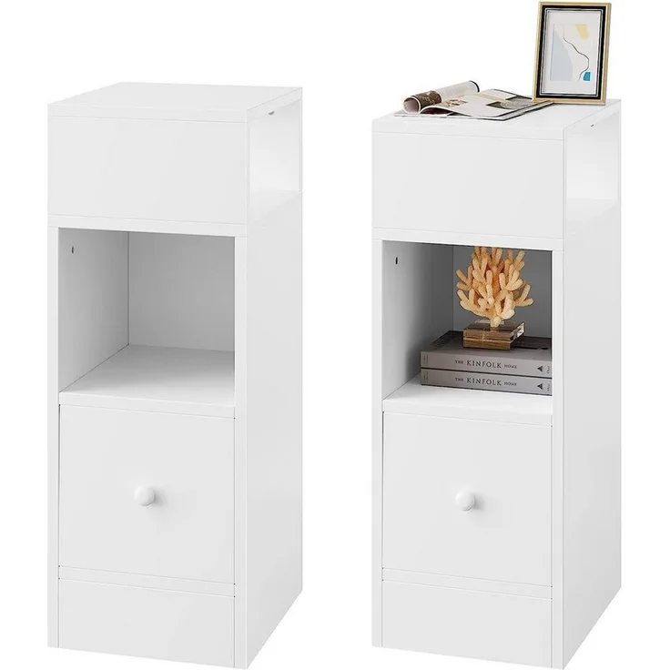EUGAD 2er Set Nachttische schmal mit 2 offenen Ablagen 1 Schublade, schmaler Kleiner Nachtschrank im Schlafzimmer, 25 x 66 x 30 cm, Nachtkästchen Platzsparend, aus Holzwerkstoff, weiß, 0179ZZ-2