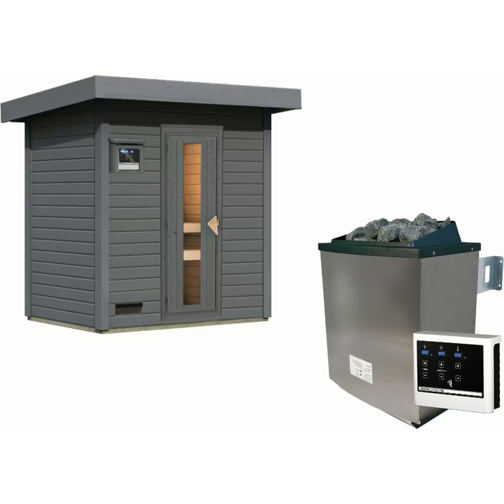 Karibu Sauna Hytti 1 terragrau mit 9 kW Ofen mit externer Steuerung – Bild 2