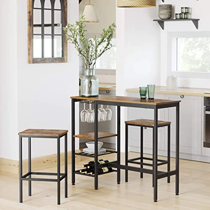 Vasagle Bartisch, 110 x 40 x 90 cm, mit Halterungen für Weingläser und Flaschen, Vintagebraun/Schwarz LBT013B01 – Bild 6