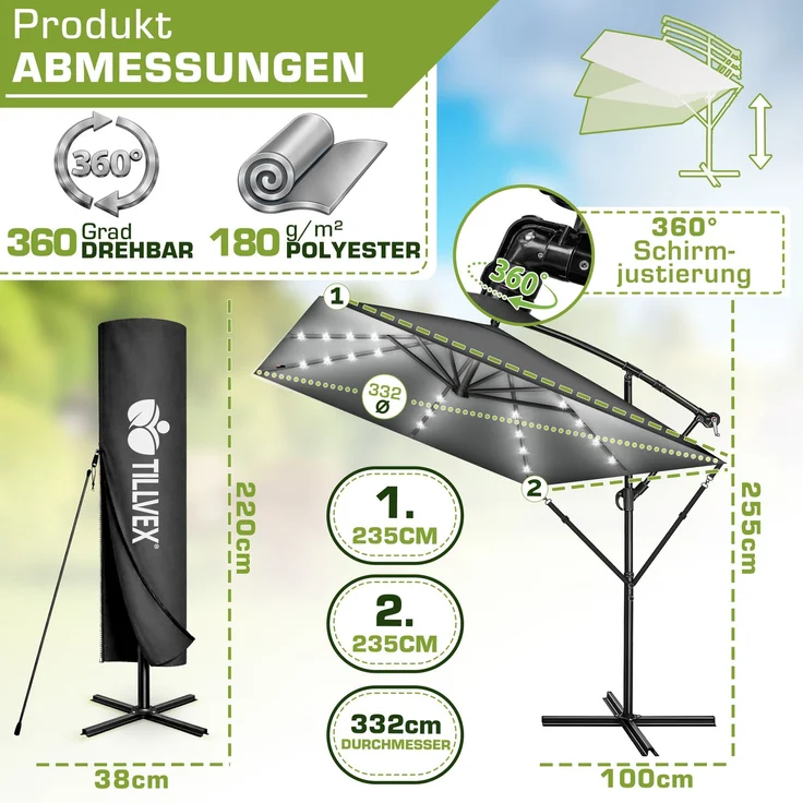 tillvex® Alu Sonnenschirm Rechteckig Ø 330 cm mit LED Solar Anthrazit + Abdeckung mit Kurbel | Ampelschirm mit Ständer & Windschutz | Gartenschirm UV-Schutz, wasserdicht, 360° drehbar | Kurbelschirm Marktschirm – Bild 7