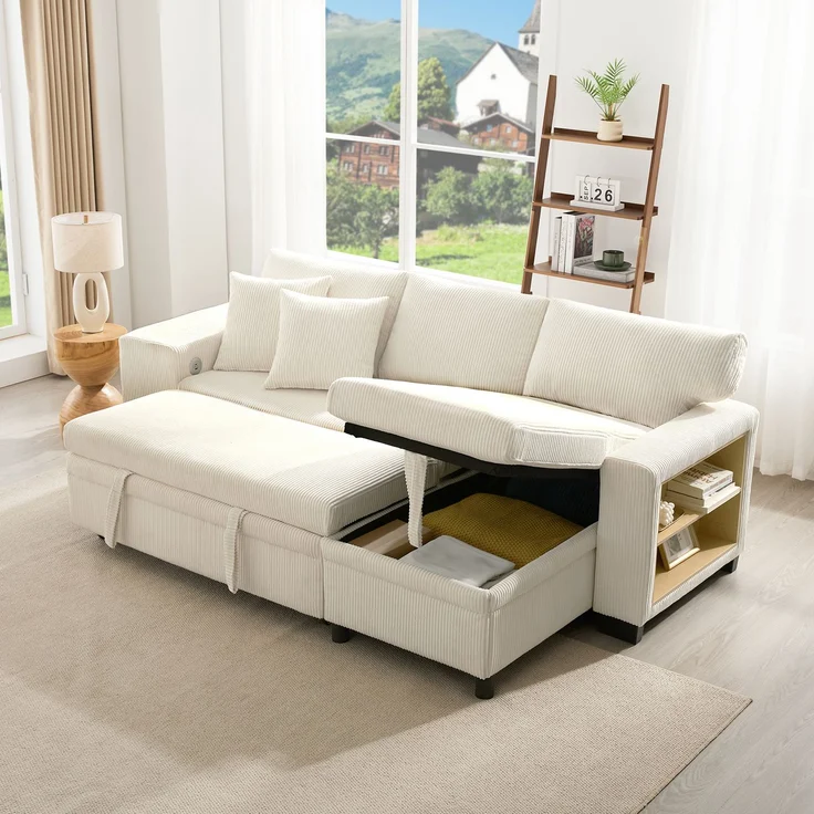 ZUBALIYA Ecksofa 131.5x84 cm, mit USB - Anschluss, mit Bücherregal, mit Stauraum, mit Ablageflächen, Dunkelgrau – Bild 5