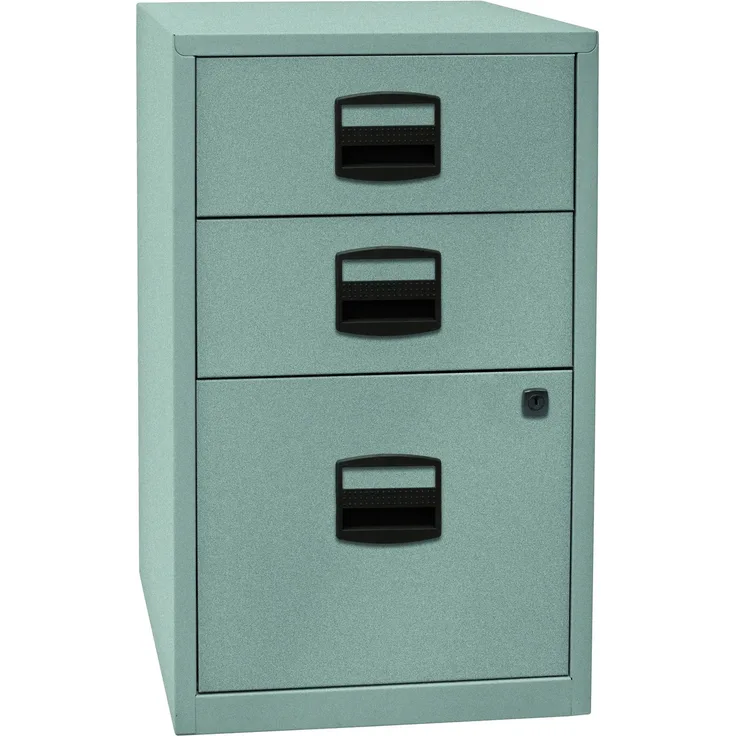 Bisley Home Beistellschrank mit Schloss aus Stahlblech, 2 Universal-Schubladen + 1 Hängeregistratur-Schublade einbahnig abschließbar - für Hängemappen & Büromaterial - Farbe: silber, PFA3-355