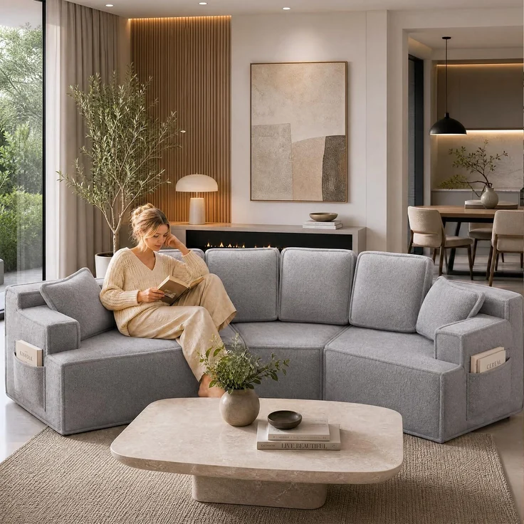 COMHOMA Sofa, modulares Schlafsofa, Polstersofa, 3-Sitzer Sofa, Flexible Sektionscouch,mit Aufbewahrungstasche, Couch mit schlaffunktion, Keine Montage erforderlich, Sherpa-Kunstfell-Bezug, Grau – Bild 1