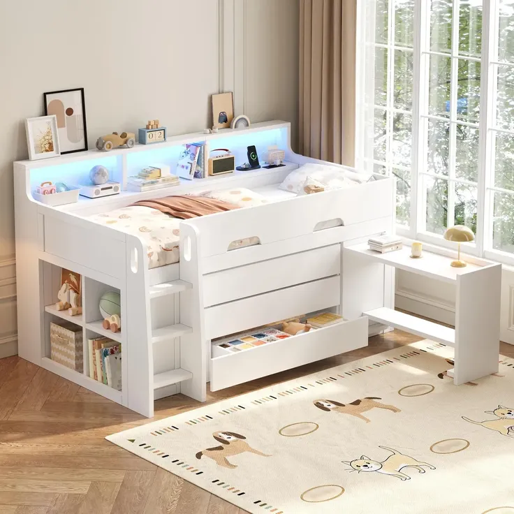 Hochbett mit Schreibtisch, Stauraum, LED-Streifen, Lattenrost, Regalen, Schubladen, Rausfallschutz, USB und Leiter, 90x200 cm, Kinderbett, Kiefer