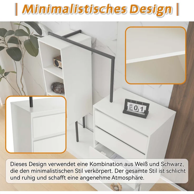 Praktischer Schuhschrank mit Garderobenfunktion in modernem Weiß-Schwarz-Design - Geräumiger Stauraum mit 4 Schubladen 3 Ablagefächern và Kleideraufhängung - Stabile Kommode aus hochwertiger Spanplatte và Metall für Flur Diele Wohnzimmer - Mit Kippsich... – Bild 4