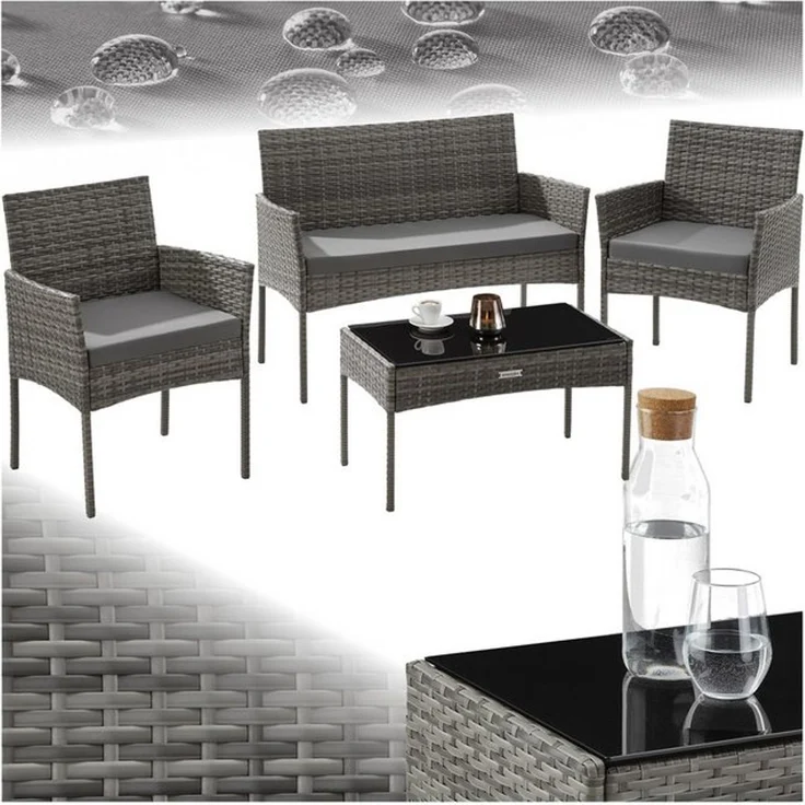 tectake Sitzgruppe Rattan Gartenset, (Set, 4-tlg), Wasserabweisende, abnehmbare und waschbare Polyesterbezüge – Bild 4