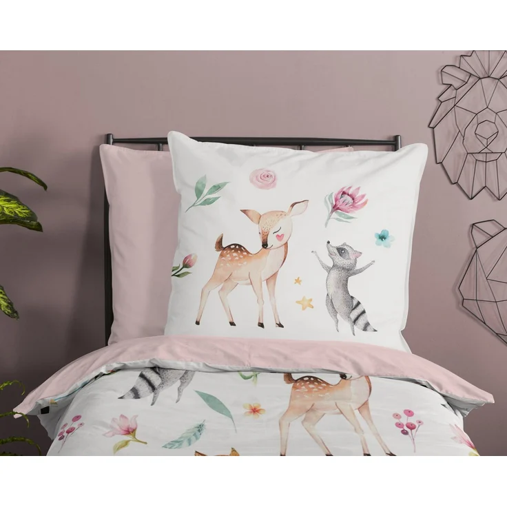 Soma Renforcé Pastell Bettwäsche-Set 2 teilig Bettbezug 2tlg 135x200 cm Kopfkissenbezug 80x80 cm (Waldtiere rosa weiß) – Bild 5