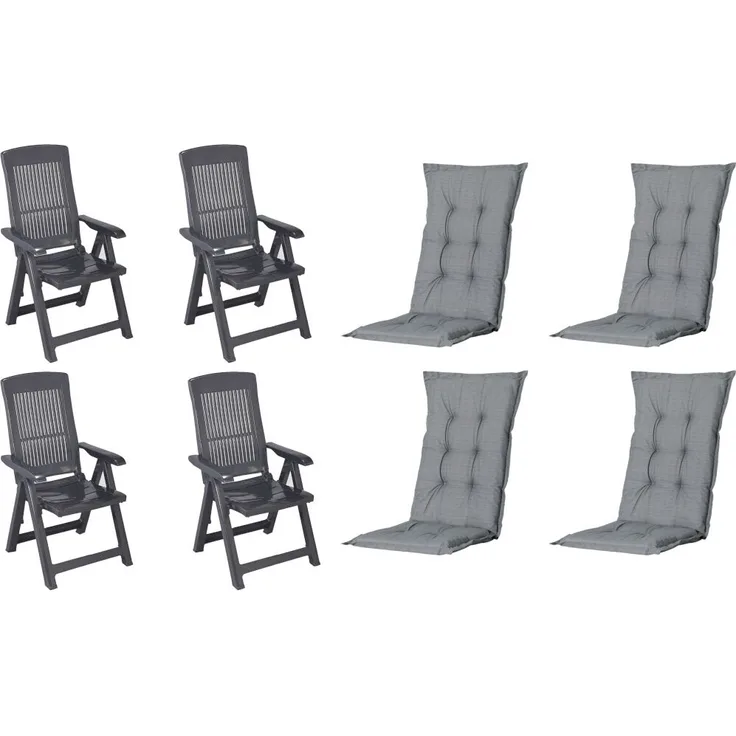 SET Tampa 4 x Klappsessel anthrazit, 4 x Auflage grau