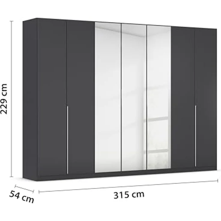 Rauch Möbel Alabama, Kleiderschrank für Schlafzimmer, Kinderzimmer, Wohnzimmer, Garderobe, Flur, 7-türig, Spiegel, mit Zubehör Premium, Farbe Grau metallic, Schwarz, Breite 315 cm – Bild 3