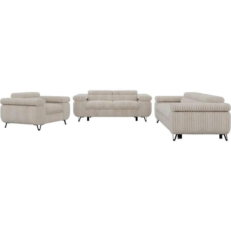 Sofagarnitur PETER 1-2-3 mit Schlaffunktion, verstellbare Kopfstützen, verstellbare Armlehnen, freistehend, Wellenfederung, Polstermöbel-Set, 3-teilig, Couchgarnitur - Beige Cord – Bild 11